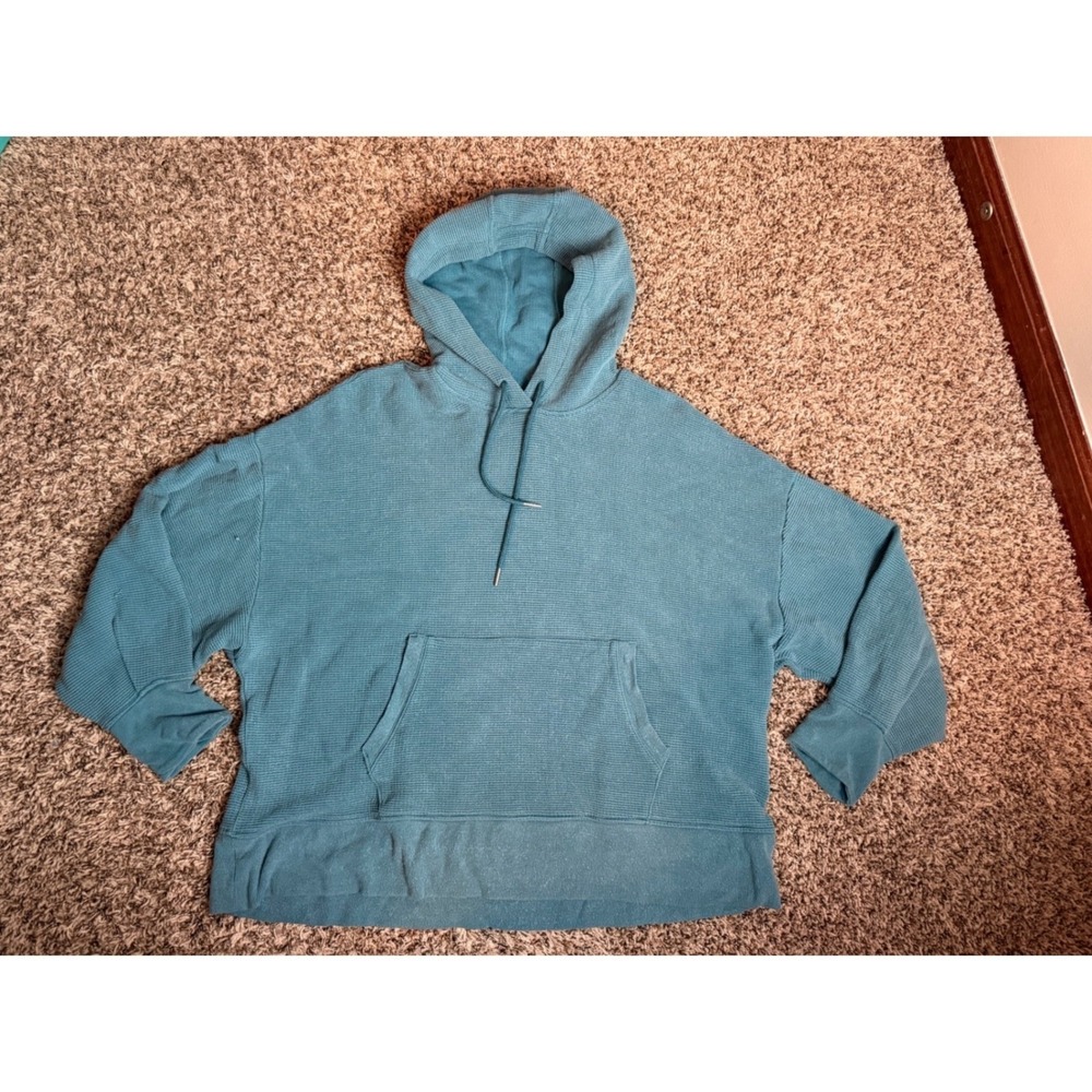 Athleta Waffle Knit Hoodie Teal Blue Oversized Pullover 882391-00 Womens 2X FA22